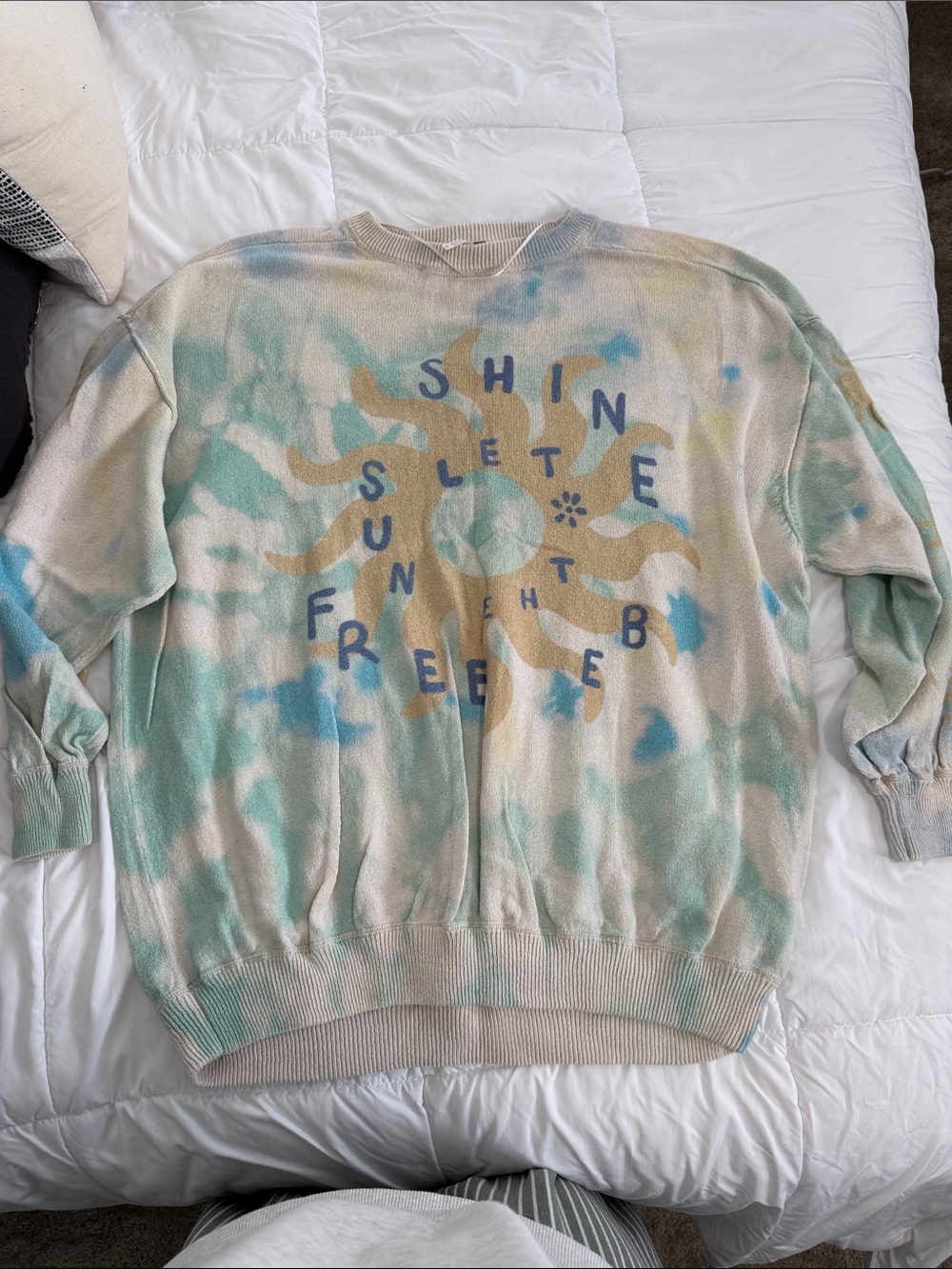 Free People Cream Knit Pullover with Teal Wash